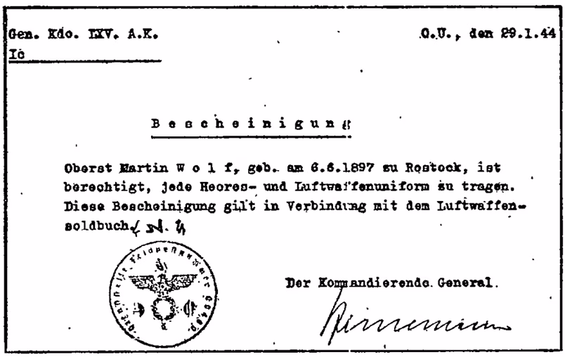 Bescheinigung Uniform Oberst Martin Wolf